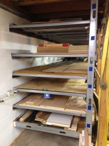 Plywood storage is sufficient for full sheets as well as cutoffs varying from oak to CDX to hardboard and pegboard.